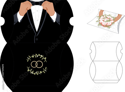 Gift Box Groom cut out package. Black suit, bow tie. Easy and fast folded. Blueprint vector template. Wedding collection