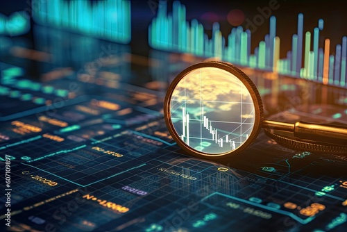 Close up of magnifying glass highlighting business growth chart with upward trend. Generative AI photo