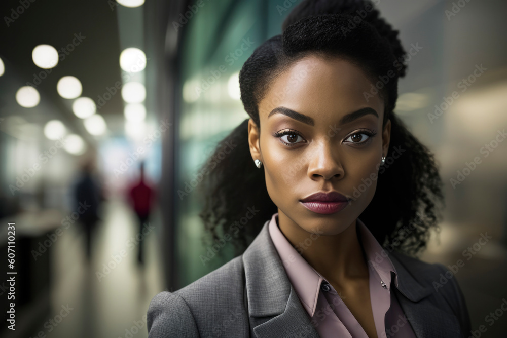 Portrait of gorgeous business woman with confident expressions in the workplace, a meeting being held by office in the background, smile. generative ai Portrait of gorgeous business woman with confident expressions in the workplace, a meeting being held by office in the background, smile. generative ai