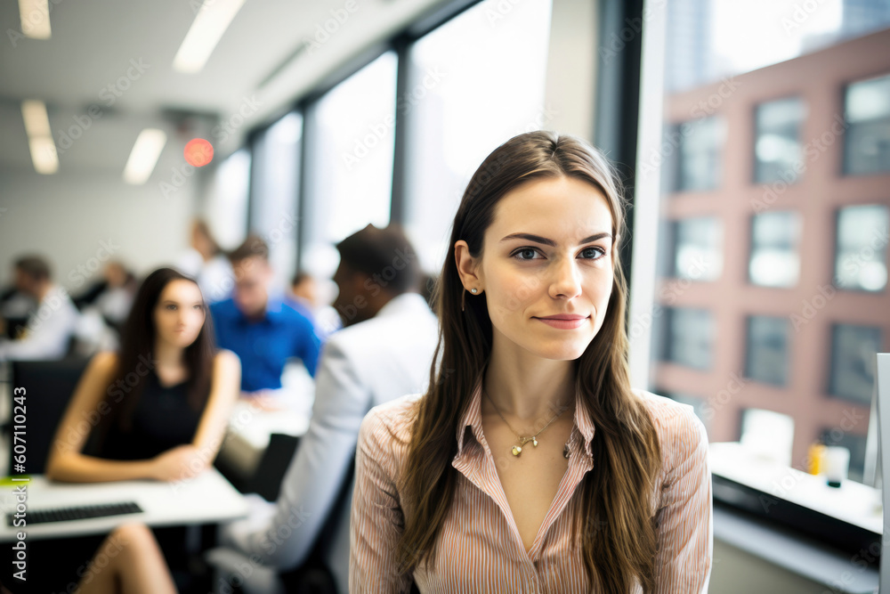 Portrait of gorgeous business woman with confident expressions in the workplace, a meeting being held by office in the background, smile. generative ai Portrait of gorgeous business woman with confident expressions in the workplace, a meeting being held by office in the background, smile. generative ai