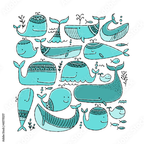 Funny wild whales family. Childish style, turquoise colors. Square frame for ...