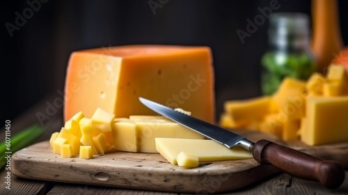 Gouda cheese with cutting board on wooden kitchen table Generative AI