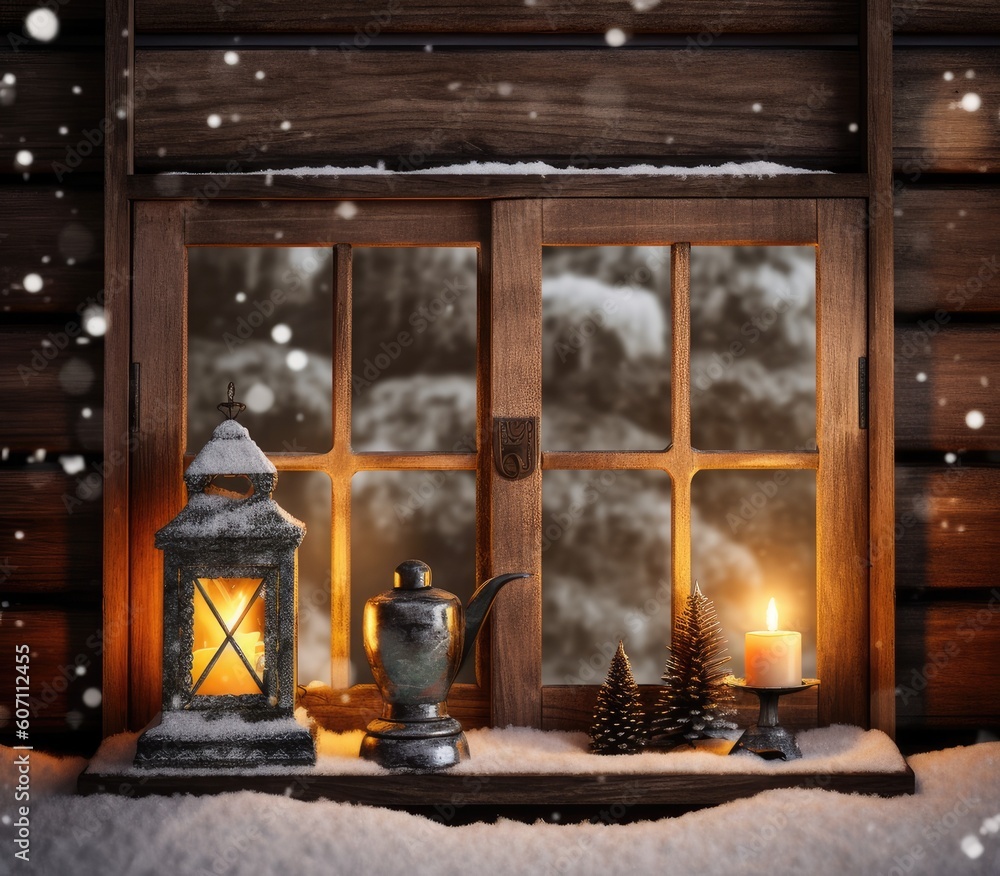 View through the window of a cottage into a snow-covered winter forest created with Generative AI technology
