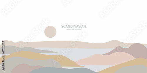 Abstract nature, sea, sky, rock mountain landscape poster. Geometric landscape in pastel colours in scandinavian style. Vector illustration of natural