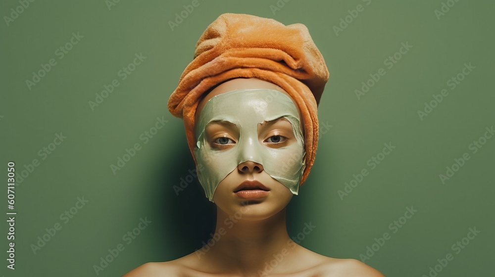 Face mask, woman with green mask, Generative AI Face mask, woman with green mask, Generative AI