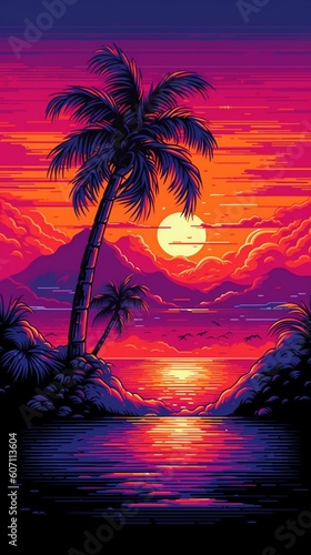 tropical sunset with trees Generative AI