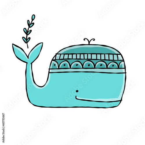 Funny wild whale character. Childish style icon, turquoise colors. Isolated o...