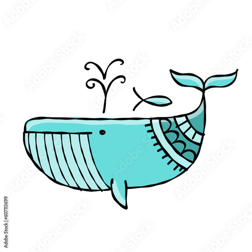 Funny wild whale character. Childish style icon, turquoise colors. Isolated o...
