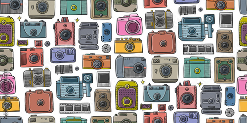 Old fashioned vintage photocamera. Retro and new collection for your design. Seamless pattern background. Vector illustration