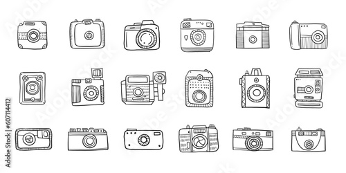Old fashioned vintage photocamera. Retro and new collection for your design. Icons set. Outline style. Vector illustration
