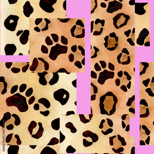Watercolor seamless pattern with leopard spots. Abstract pattern of squares and rectangles on a pink background.