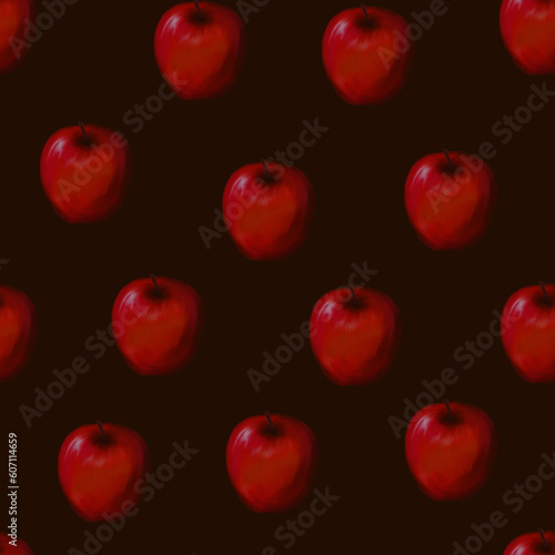 Seamless pattern with red apples on the brown background.