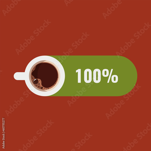 Battery full charge indicator with a cup of coffee on a red background. The battery is fully charged after a coffee break. Top view. Flat vector illustration  eps10