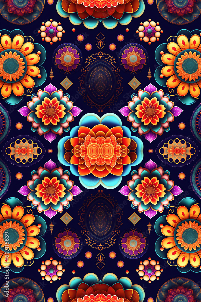Psychedelic pattern of abstract colorful shapes and flowers textured. Groovy flowers volumetric pattern with shapes random for backgrounds. Generative AI