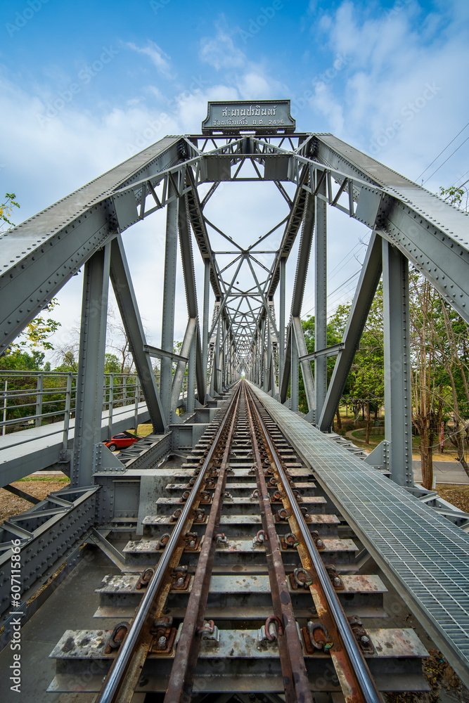 Old railway iron bridge in countryside at Ban Dara, Pichai District, Uttaradit, Thailand. Name is Paramin Bridge also known as Baan Dara Bridge It is a railway bridge over the Nan River