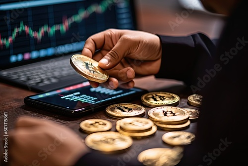 Hand holding a bitcoin, crypto trading, laptop in background