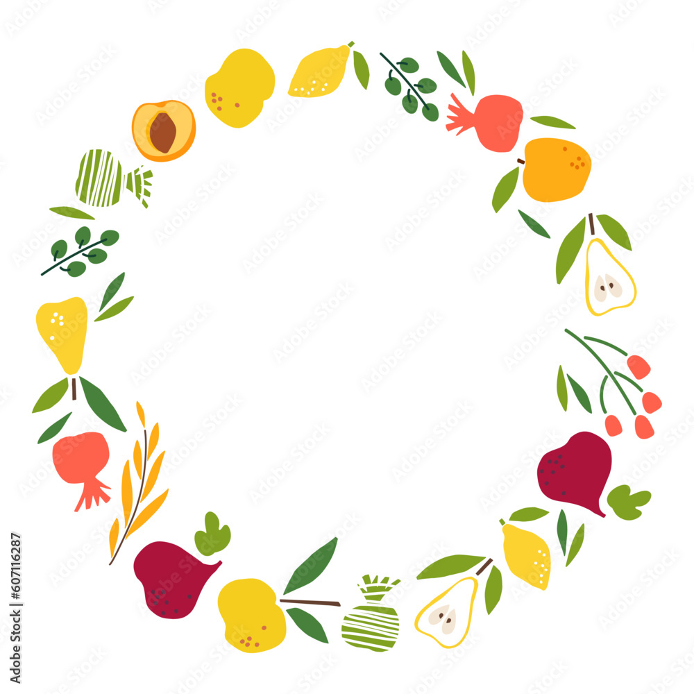 Harvest frame. Round fruit, vegetables, sones border with copy space isolated on white background. Summer, autumn design For poster, banner, cover, invitation, packaging design, branding. Circle frame Harvest frame. Round fruit, vegetables, sones border with copy space isolated on white background. Summer, autumn design For poster, banner, cover, invitation, packaging design, branding. Circle frame