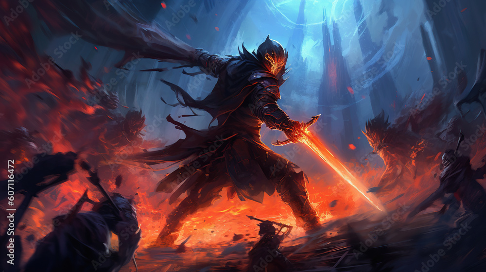 Fototapeta premium game characters. Action scene with soldiers in armor at war against invading monsters and aliens, science fiction. epic battle. High tech. AI generated image.