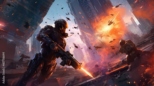game characters. Action scene with soldiers in armor at war against invading monsters and aliens, science fiction. epic battle. High tech. AI generated image.