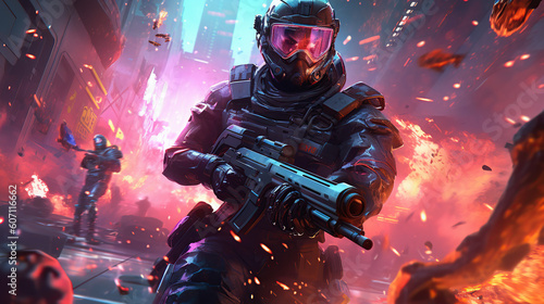 game characters. Action scene with soldiers in armor at war against invading monsters and aliens, science fiction. epic battle. High tech. AI generated image.