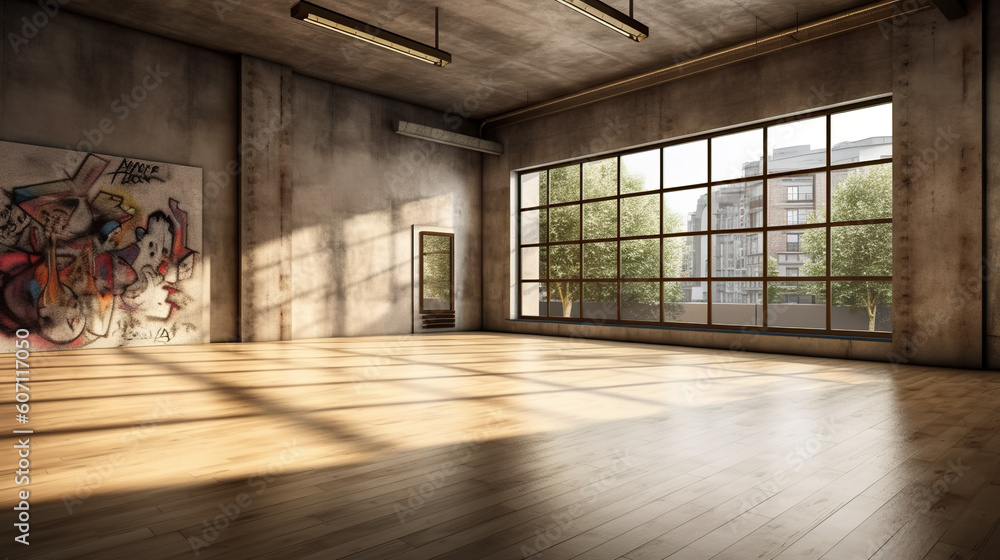 An empty room with a large painting on the wall. Generative AI. Street dance studio in urban loft room. An empty room with a large painting on the wall. Generative AI. Street dance studio in urban loft room.