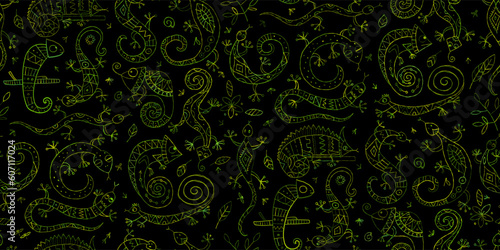 Lizard characters, jungle animal. Chameleon seamless pattern for your design