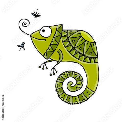 Lizard character, jungle animal. Chameleon isolated for your design. Vector i...