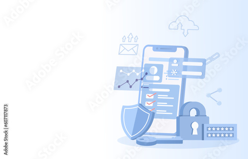 Data protection concept. Safeguard sensitive data, password protection, secure access to account, backup, internet network security. Flat vector illustration with copy space.