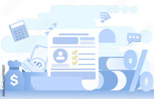 Tax payment concept. Variety symbolic elements, calculation, withholding tax, tax deduction, tax payment and checklist. Flat vector design illustration.