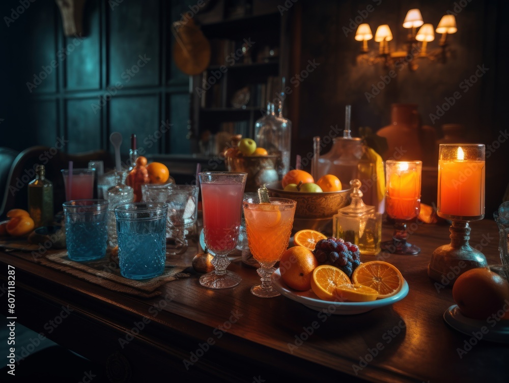 A Table Full of Creepy Cocktails and Mocktails in a Haunted Mansion at Dusk, Halloween Drink Photography