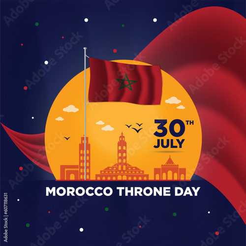 Morocco Throne Day Social Media Post Design, Independence Day of Morocco banner with retro abstract geometric shapes. Moroccan flag with landscape landmarks Vector Illustration 