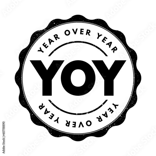 YOY - Year Over Year is a method of evaluating two or more measured events to compare the results, acronym text concept stamp