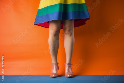 Expressive Generative AI pride photo of a lesbian woman with rainbow flag patterns. Inclusive society with equal rights. Pride day month celebration of diversity and inclusion.