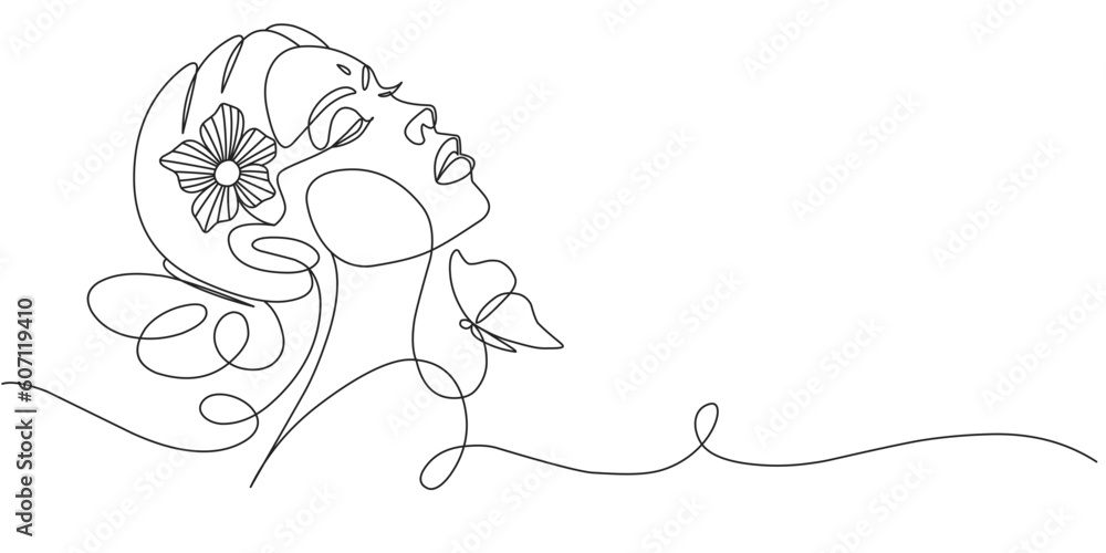 Women’s day line art style vector illustration. Line art vector illustration of beauty woman. Line art vector illustration of a beautifull face girl with butterfly