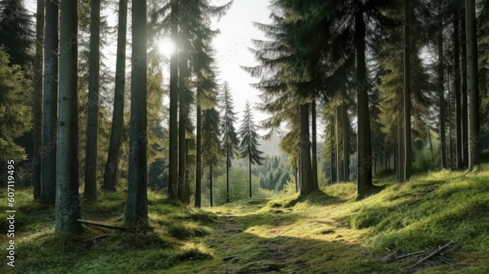 Forest with fir trees, moss and grass on the ground Forest with fir trees, moss and grass on the ground