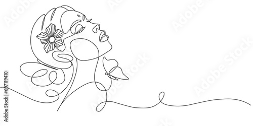 Women’s day line art style vector illustration. Line art vector illustration of beauty woman. Line art vector illustration of a beautifull face girl with butterfly