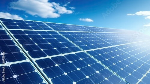 Solar panels with blue sky and clouds in background and the sun is shining