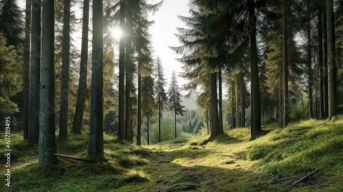 Forest with fir trees  moss and grass on the ground