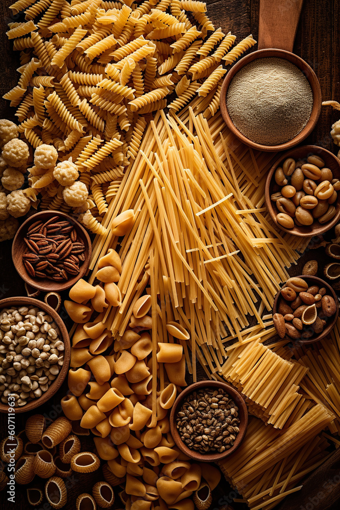 A wooden table topped with lots of different types of pasta. Generative AI. A wooden table topped with lots of different types of pasta. Generative AI.