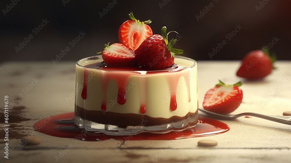 Panna cotta with strawberries, Delicious dessert, Generative AI Panna cotta with strawberries, Delicious dessert, Generative AI