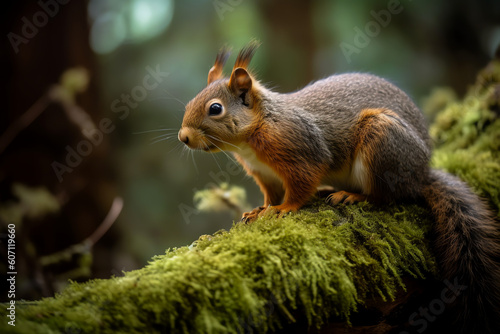 Squirrel on moss-covered branch in tree - Generative AI