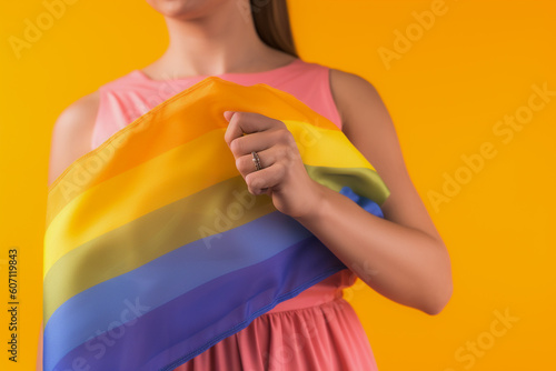 Expressive Generative AI pride photo of a lesbian woman with rainbow flag patterns. Inclusive society with equal rights. Pride day month celebration of diversity and inclusion.