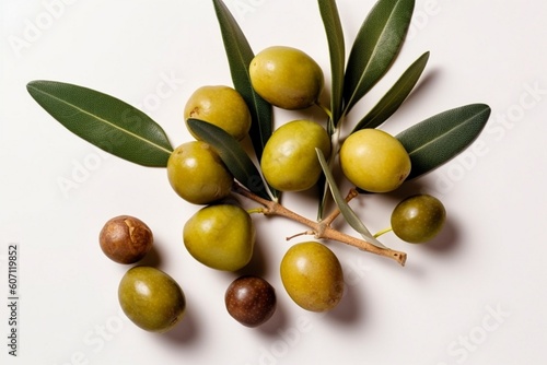 green olives with olive branch isolated on white background Generative AI