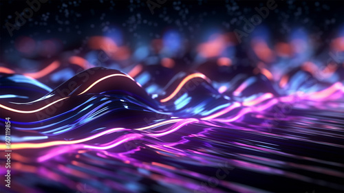 Enchanting Futuristic Ambiance Mesmerizing Neon Waves and Dazzling Bokeh Lights Embodying the Essence of Data Transfer abstract background. Generative AI