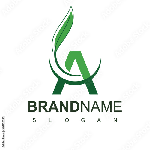 Letter A logo with Leaf element, modern natural agricultural company Logo