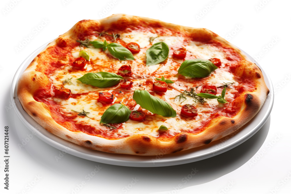 A white plate topped with a pizza covered in cheese and basil. Generative AI. A white plate topped with a pizza covered in cheese and basil. Generative AI.
