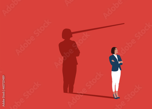 Woman with long nose lier talk about fake news. Politician lies about truth. Flat vector illustration