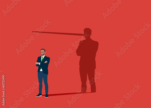 Businessman or politician with long nose lier talk about fake news. Politician lies about truth. Flat vector illustration