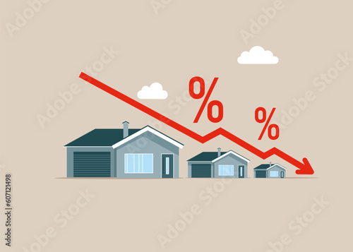 Real estate investment, housing price rising fall. Decrease home loan interest rates on real estate, investments. Flat vector illustration