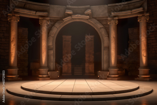 An empty stage with ancient stone columns and lights. Generative AI image.
